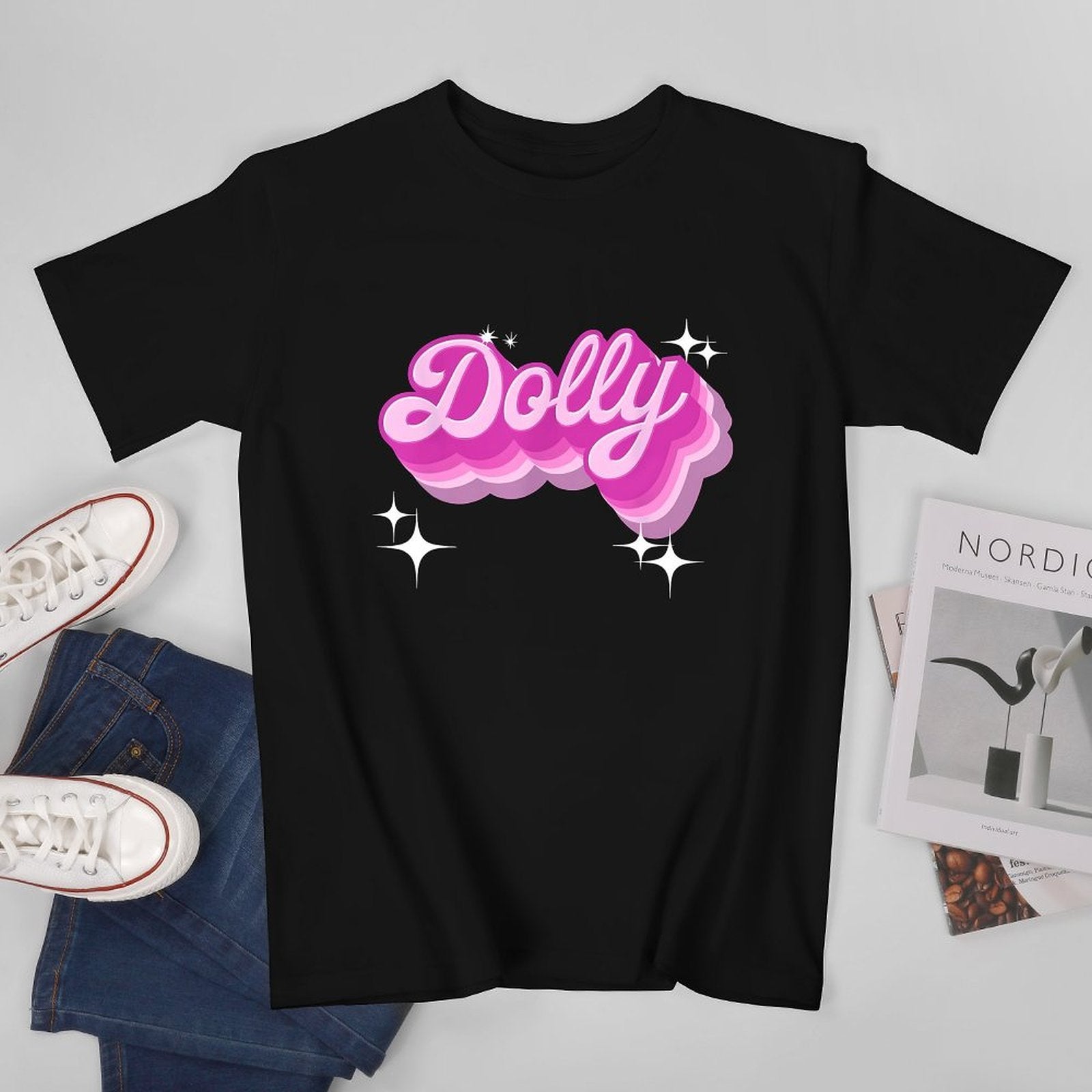 Inkmay Casual  Cotton T-shirt Dolly Pink Script With Shadow Effects Unisex T-shirtEverydayComfort TrueComfort T-Shirt