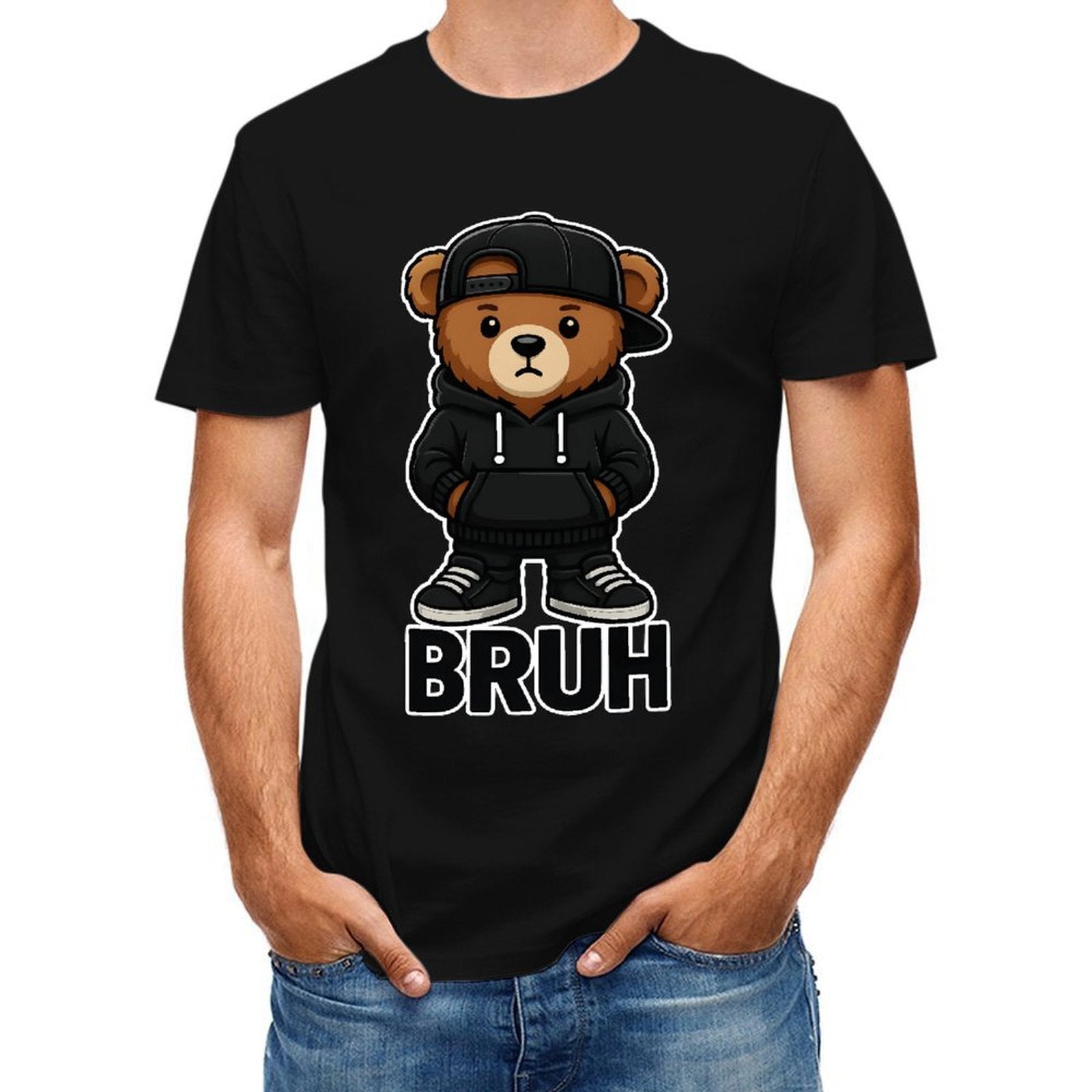 Inkmay Casual Cotton T-shirt Bruh Bear Wearing Black Streetwear Unisex T-shirtBatch-Printed ClassicLine T-Shirt