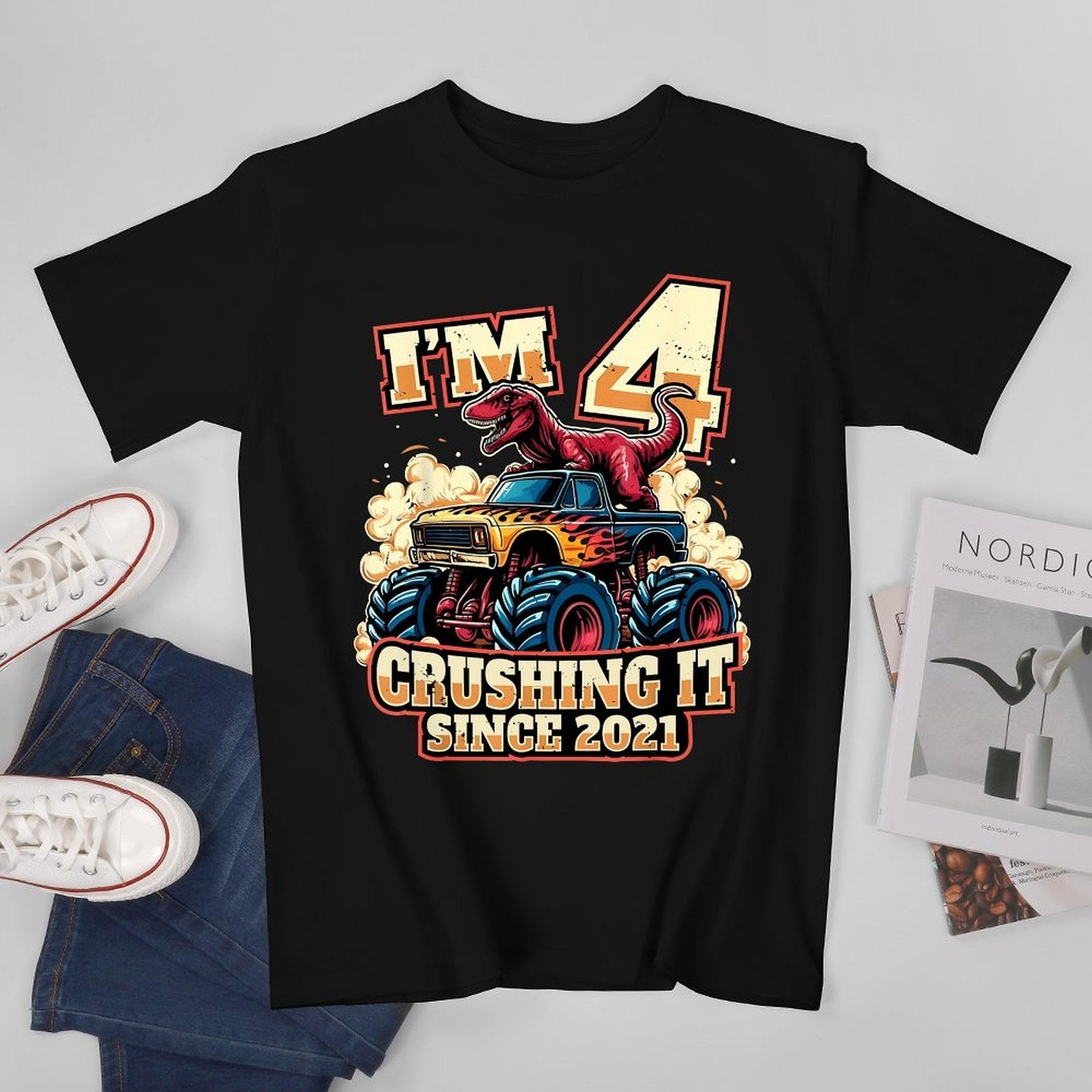 Inkmay Casual  Cotton T-shirt Dinosaur Riding Monster Truck Crushing It Unisex T-shirtClassic SoftWear T-Shirt