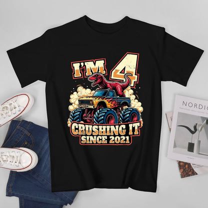 Inkmay Casual  Cotton T-shirt Dinosaur Riding Monster Truck Crushing It Unisex T-shirtClassic SoftWear T-Shirt