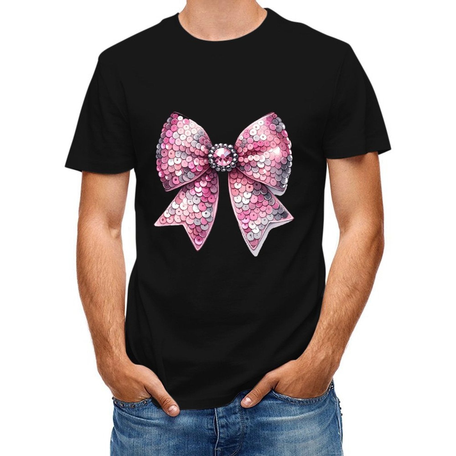 Inkmay Casual Cotton T-shirt Shiny Pink Sequin Bow Design Unisex T-shirtLogo-Ready LooseFit T-Shirt