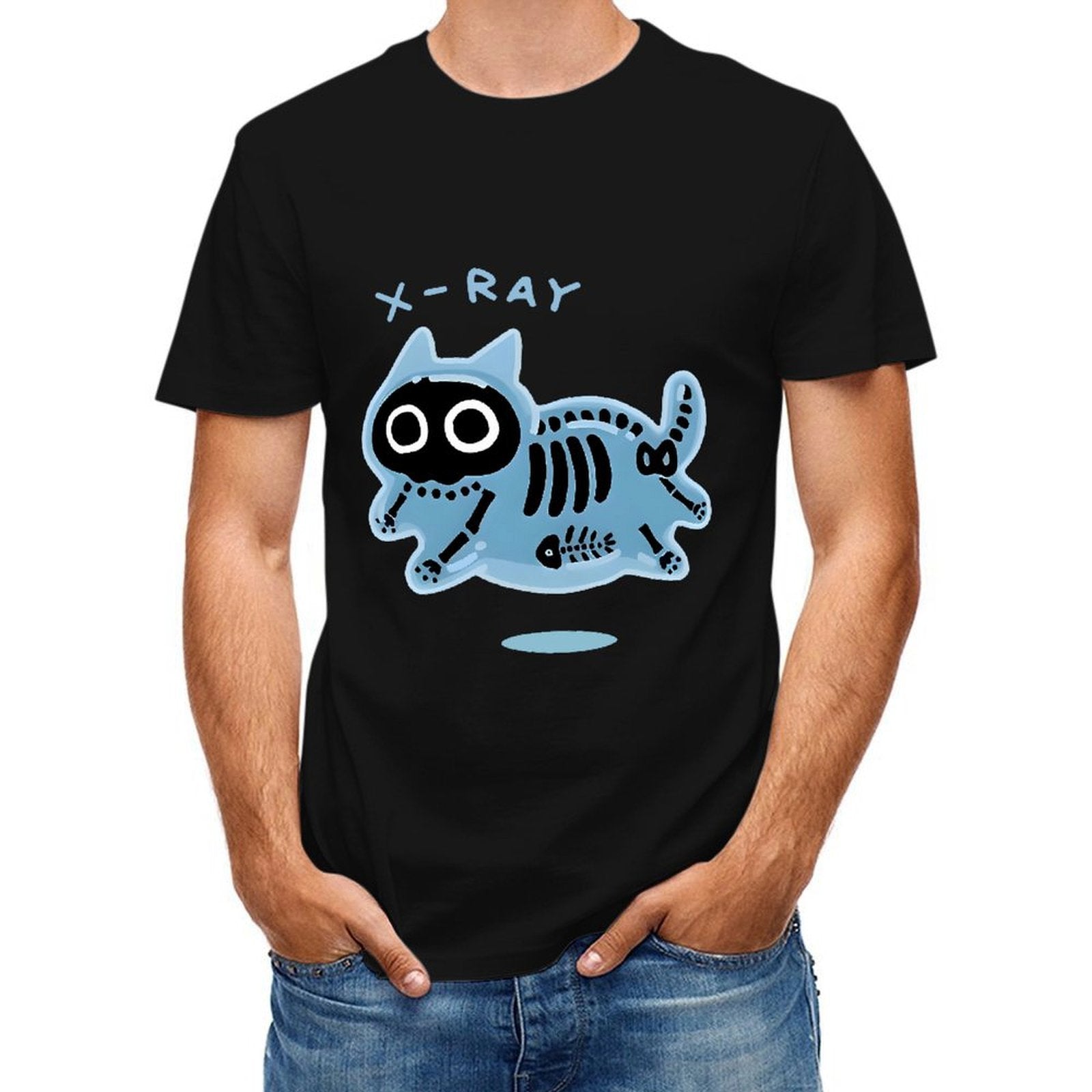Inkmay Casual Cotton T-shirt Blue Cat Skeleton Print Design Art Unisex T-shirtSmooth Design-Your-Own T-Shirt
