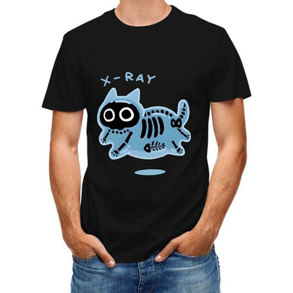 Inkmay Casual Cotton T-shirt Blue Cat Skeleton Print Design Art Unisex T-shirtSmooth Design-Your-Own T-Shirt