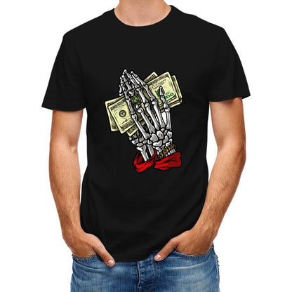 Inkmay Casual  Cotton T-shirt Skeleton Hand Holding Money Bills Art Unisex T-shirtBreathable EverydayTee T-Shirt