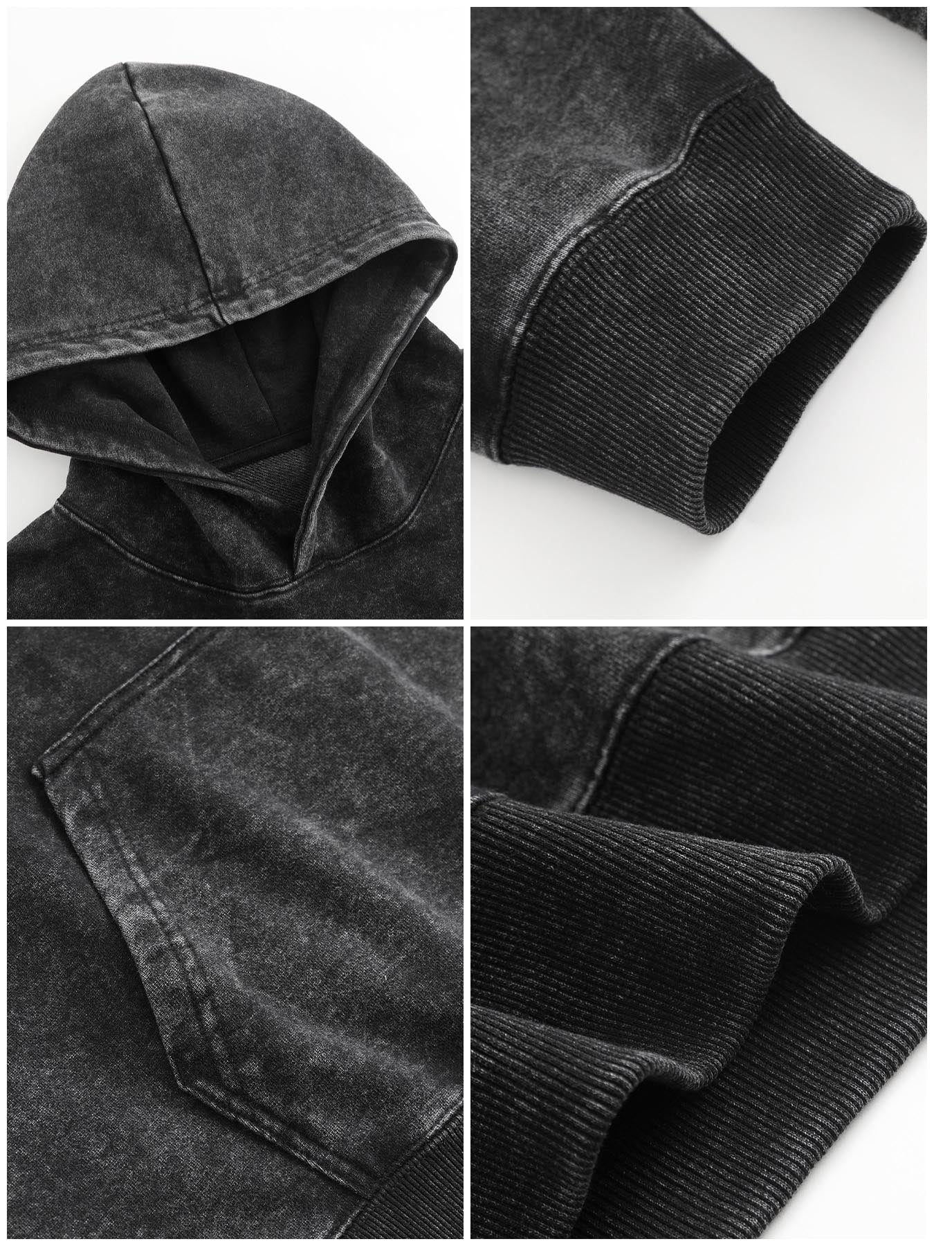 Custom-washed vintage-style black hoodie, back view.