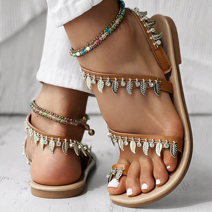 Women’s Boho Flat Sandals with Leaf Charms, Summer Clearance Last Chance Sale