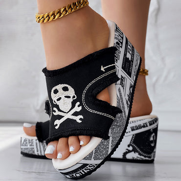 Women’s Denim Platform Sandals Skull Print Chunky Wedge Casual Shoes