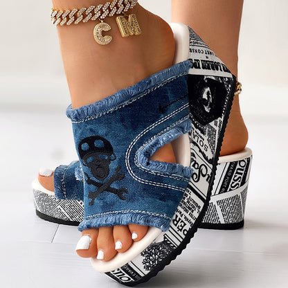 Women’s Denim Platform Sandals Skull Print Chunky Wedge Casual Shoes