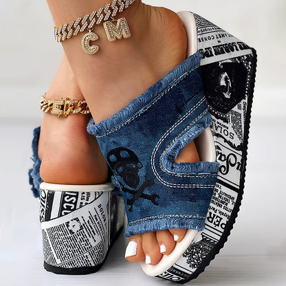 Women’s Denim Platform Sandals Skull Print Chunky Wedge Casual Shoes