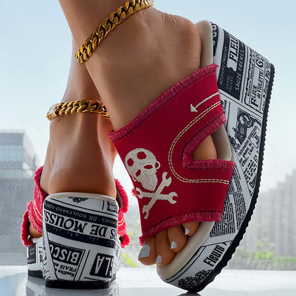 Women’s Denim Platform Sandals Skull Print Chunky Wedge Casual Shoes