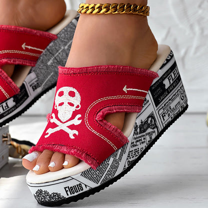 Women’s Denim Platform Sandals Skull Print Chunky Wedge Casual Shoes