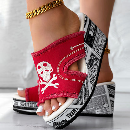 Women’s Denim Platform Sandals Skull Print Chunky Wedge Casual Shoes