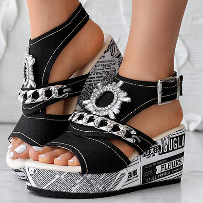 Street Style Denim Sandals Women Platform Wedge with Sparkly Rhinestone
