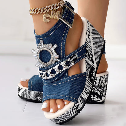Street Style Denim Sandals Women Platform Wedge with Sparkly Rhinestone