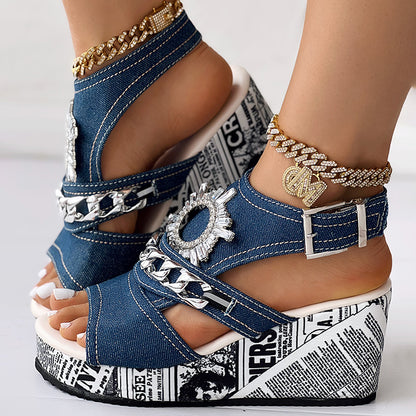 Street Style Denim Sandals Women Platform Wedge with Sparkly Rhinestone