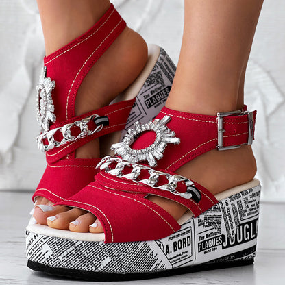 Street Style Denim Sandals Women Platform Wedge with Sparkly Rhinestone