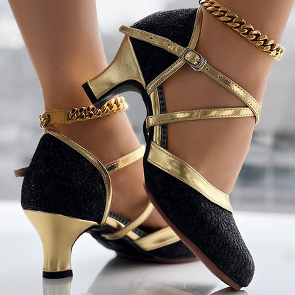 Women’s Black Gold Cross Strap Mid Heel Dance Shoes Elegant Party Pumps