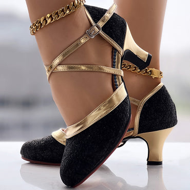 Women’s Black Gold Cross Strap Mid Heel Dance Shoes Elegant Party Pumps