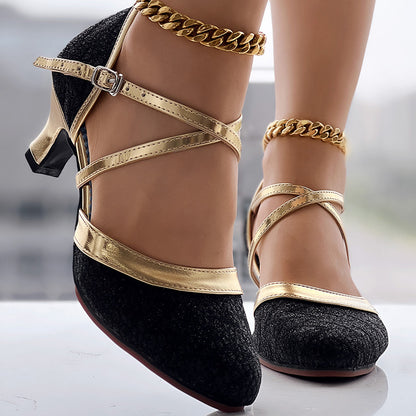Women’s Black Gold Cross Strap Mid Heel Dance Shoes Elegant Party Pumps