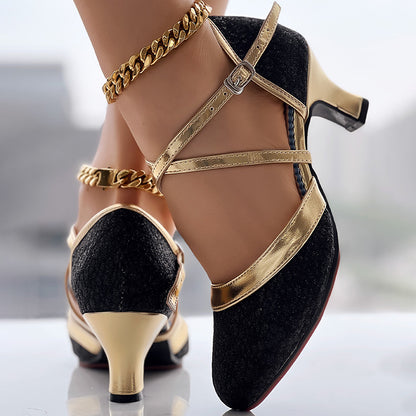 Women’s Black Gold Cross Strap Mid Heel Dance Shoes Elegant Party Pumps