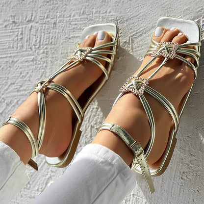 Women’s Strappy Square Toe Sandals with Rhinestone Buckle Ankle Wrap