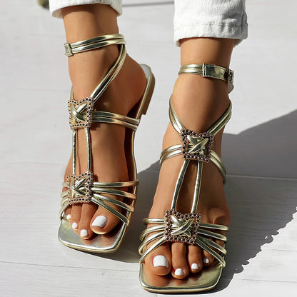 Women’s Strappy Square Toe Sandals with Rhinestone Buckle Ankle Wrap