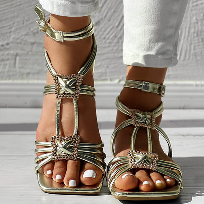 Women’s Strappy Square Toe Sandals with Rhinestone Buckle Ankle Wrap