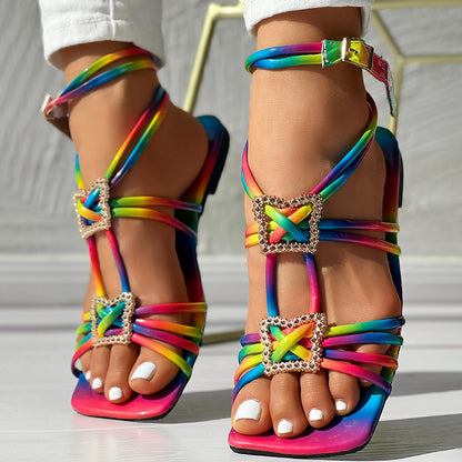 Women’s Strappy Square Toe Sandals with Rhinestone Buckle Ankle Wrap