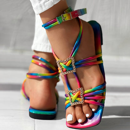 Women’s Strappy Square Toe Sandals with Rhinestone Buckle Ankle Wrap