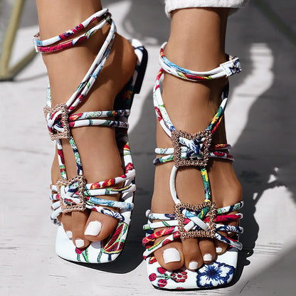 Women’s Strappy Square Toe Sandals with Rhinestone Buckle Ankle Wrap