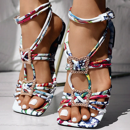 Women’s Strappy Square Toe Sandals with Rhinestone Buckle Ankle Wrap