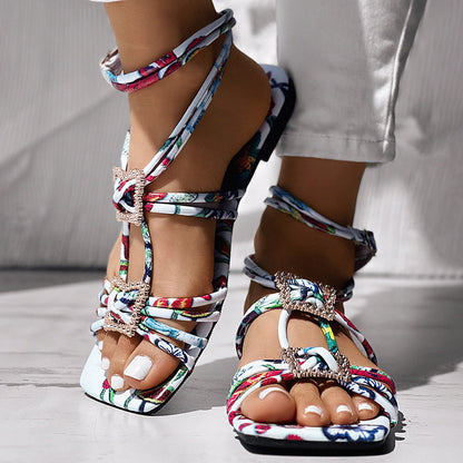 Women’s Strappy Square Toe Sandals with Rhinestone Buckle Ankle Wrap