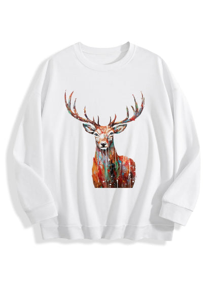 Customizable Christmas-themed long-sleeved shirt with oil painting of reindeer