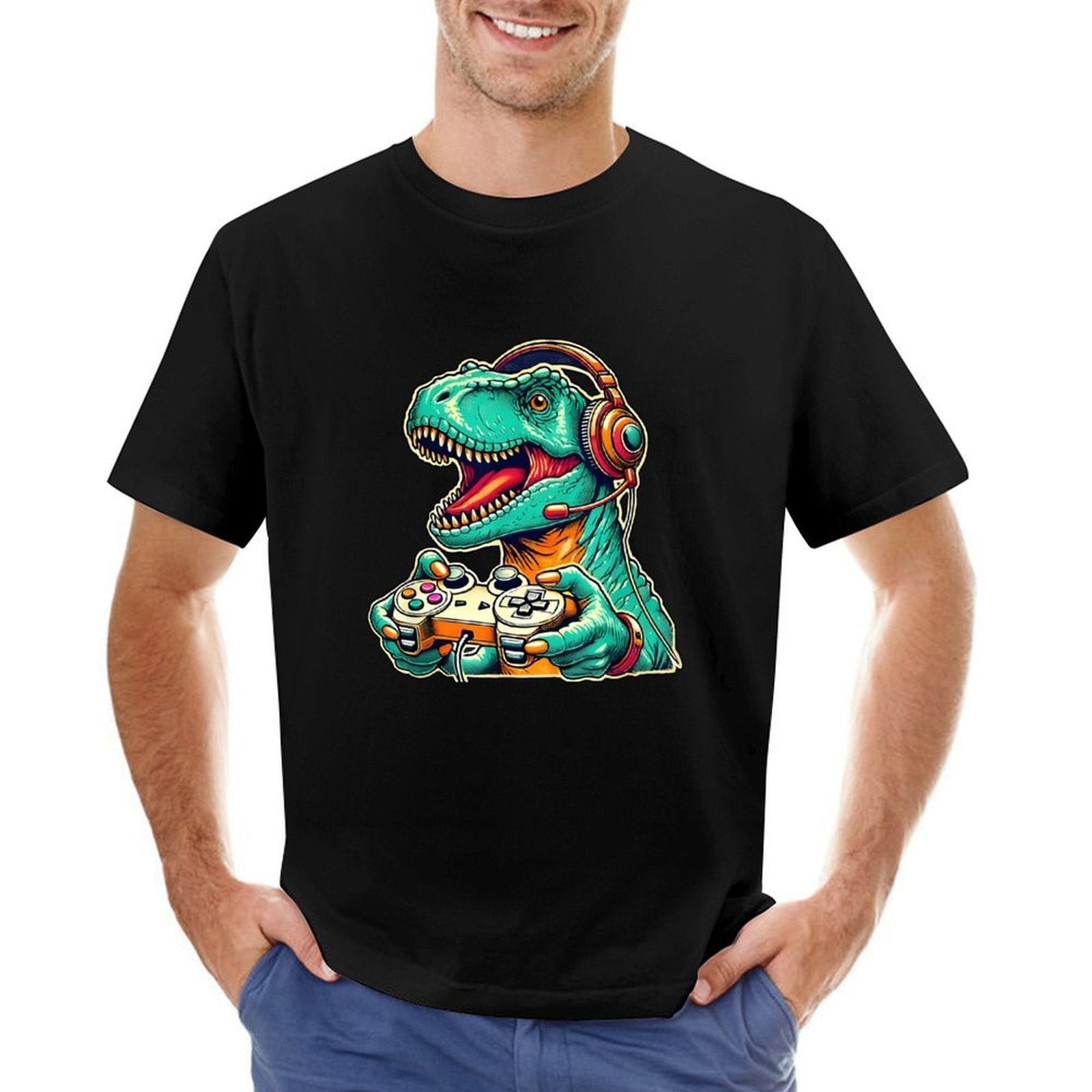 Inkmay Casual  Cotton T-shirt Gaming Dinosaur With Headphones And Unisex T-shirt100% Cotton Daily T-Shirt