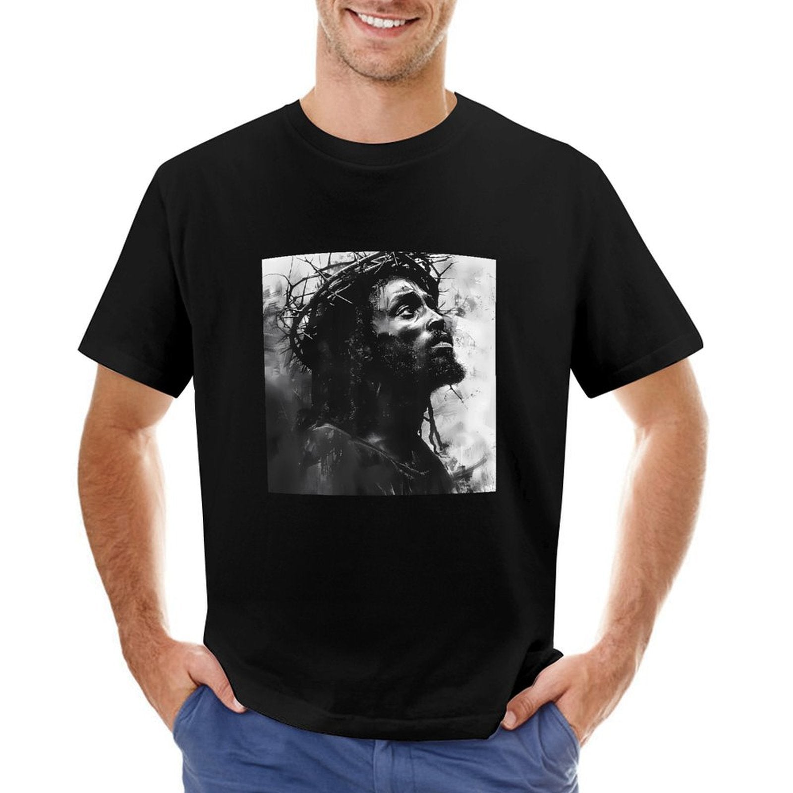 Inkmay Casual  Cotton T-shirt Artistic Jesus With Crown Of Thorns Unisex T-shirtClassic Fit Crisp Print T-Shirt