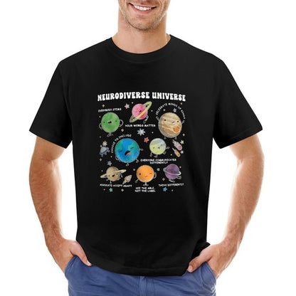 Inkmay Casual  Cotton T-shirt Neurodiverse Universe Planets With Friendly Faces Unisex T-shirtMinimal ComfortLine T-Shirt