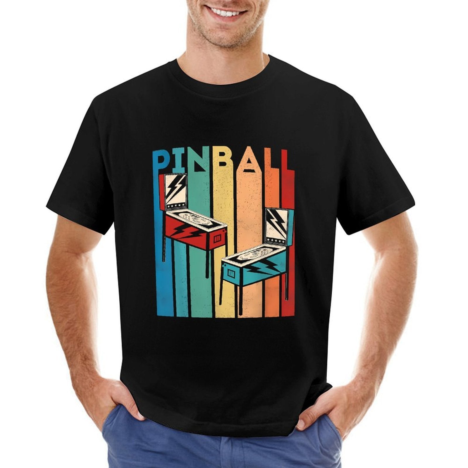 Inkmay Casual  Cotton T-shirt Pinball Machines On Colorful Background Unisex T-shirtSolid On-Demand T-Shirt