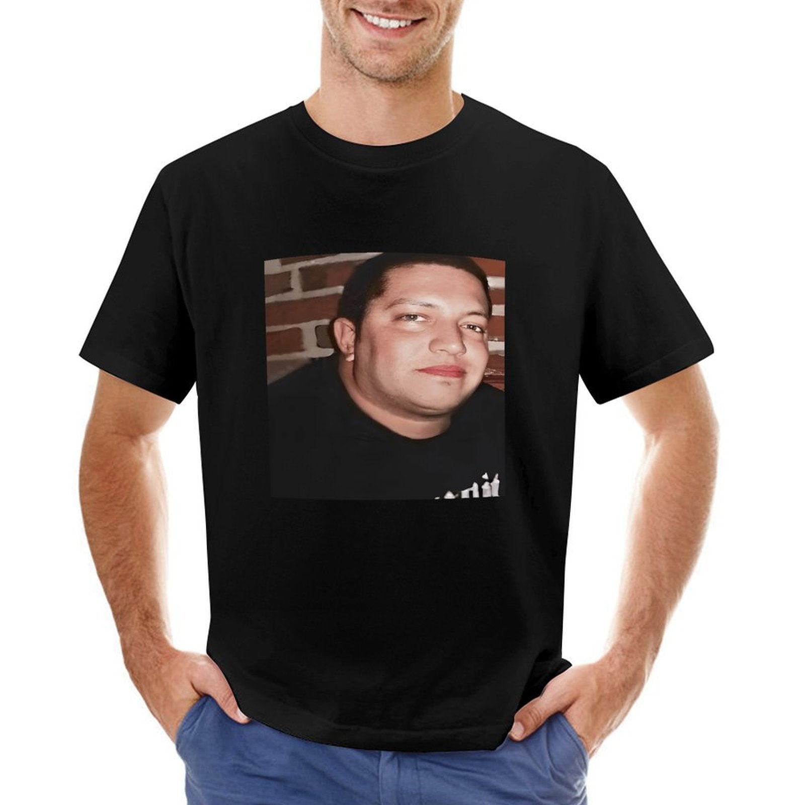 Inkmay Casual  Cotton T-shirt Man Wears Black Shirt Against Brick Unisex T-shirtFresh On-Demand T-Shirt