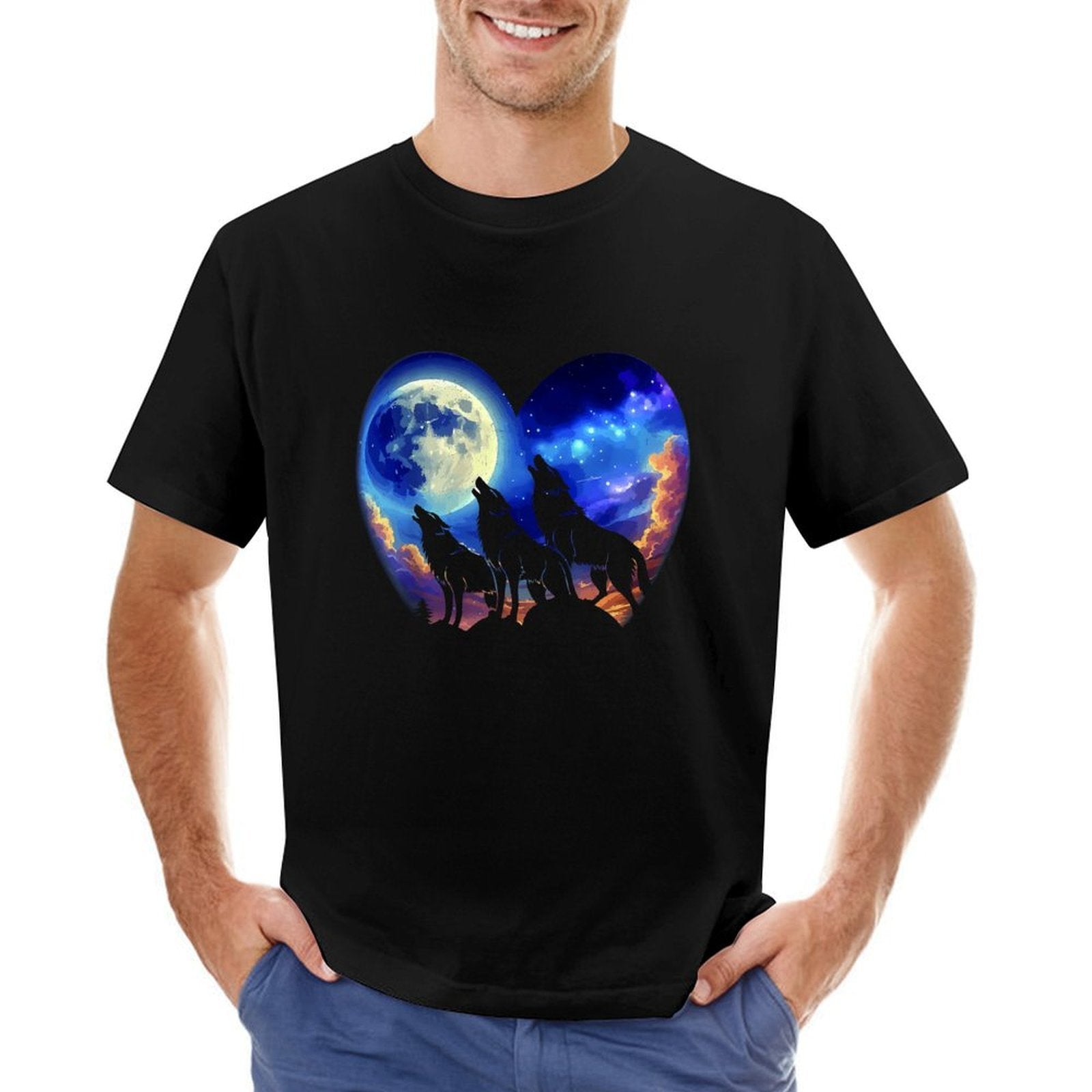 Inkmay Casual  Cotton T-shirt Wolves Howling Under Moonlit Night Sky Unisex T-shirtClassicSeries Fade-Proof T-Shirt