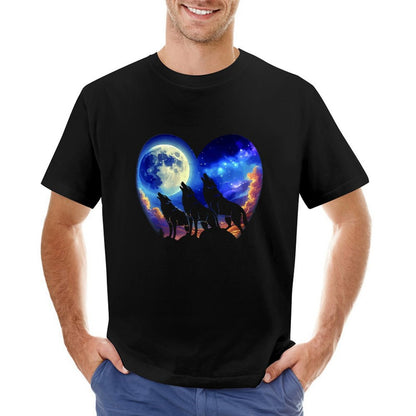 Inkmay Casual  Cotton T-shirt Wolves Howling Under Moonlit Night Sky Unisex T-shirtClassicSeries Fade-Proof T-Shirt