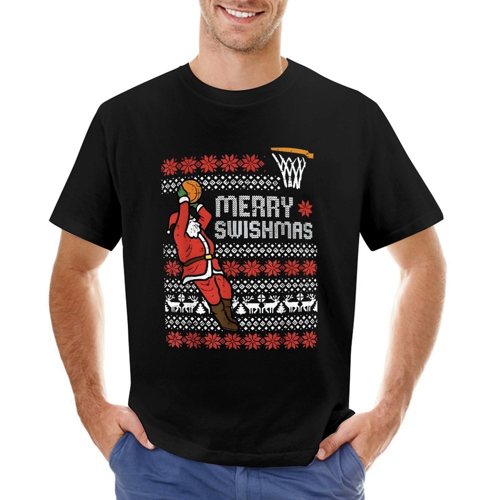 Inkmay Casual  Cotton T-shirt Merry Swishmas Santa Plays Basketball Pattern Unisex T-shirtClassic EverydaySeries T-Shirt