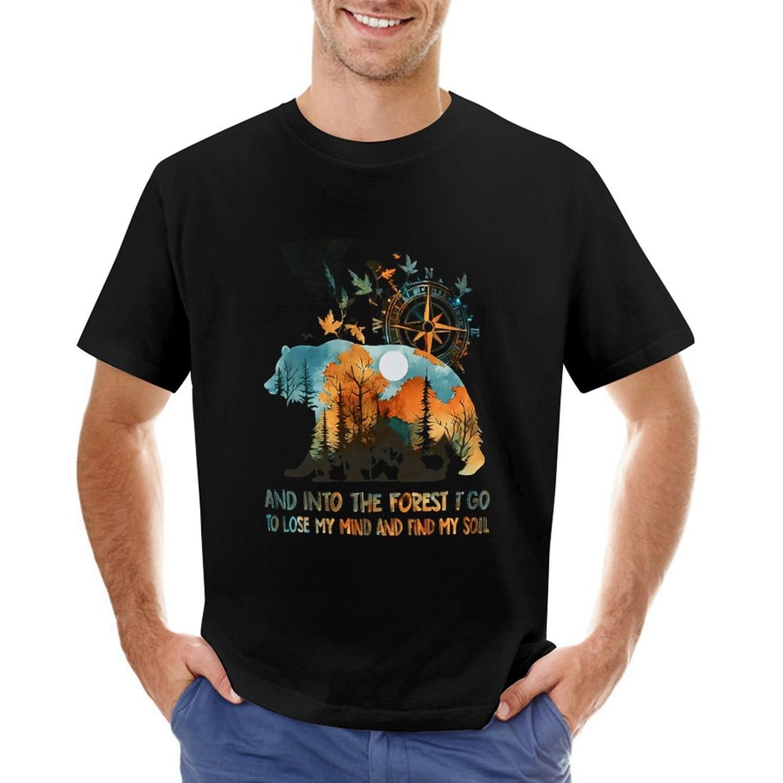 Inkmay Casual  Cotton T-shirt Bear Forest Compass Nature Artwork Design Unisex T-shirtTimelessStyle Long Lasting T-Shirt