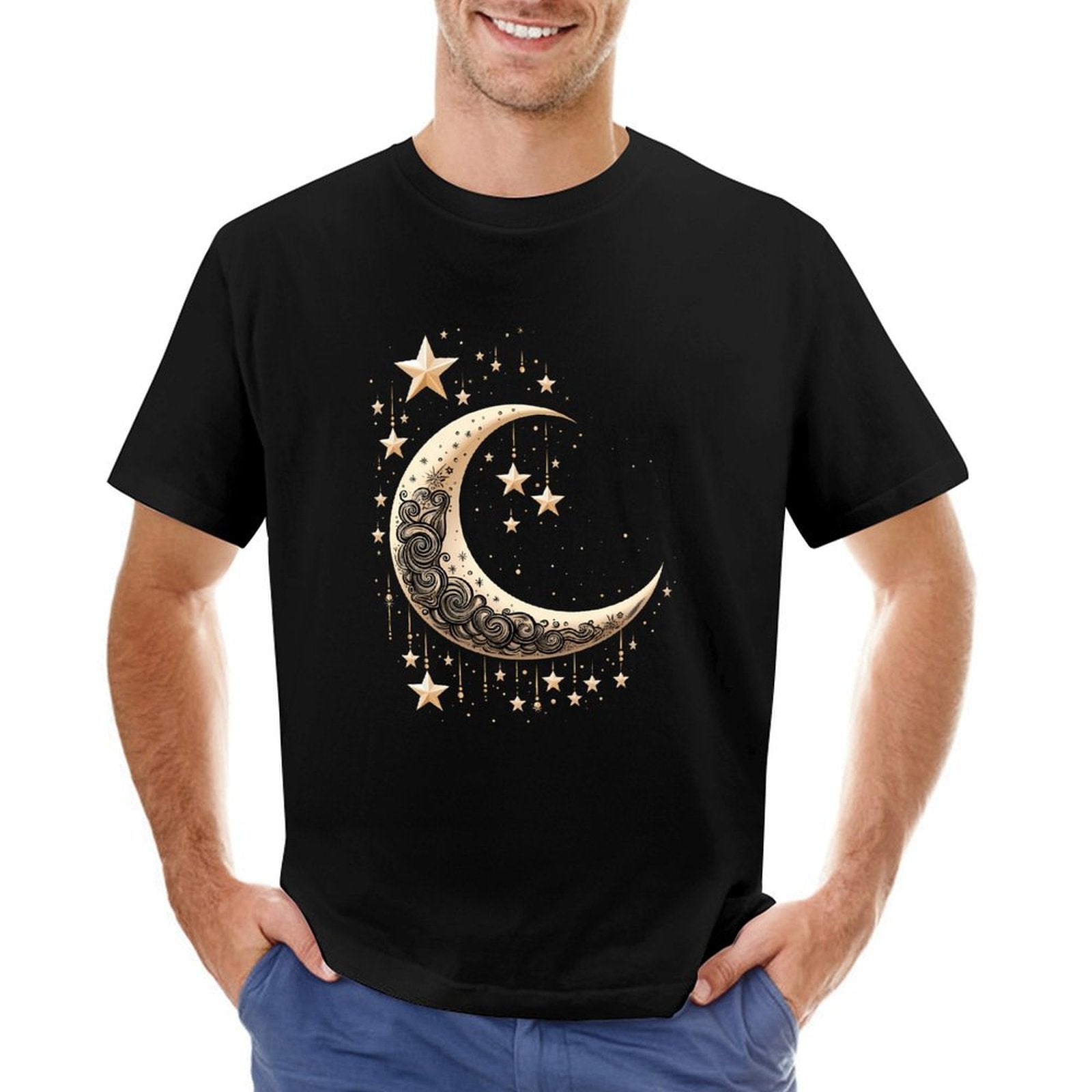 Inkmay Casual  Cotton T-shirt Elegant Crescent Moon With Stars Design Unisex T-shirtCasual ActiveStyle T-Shirt