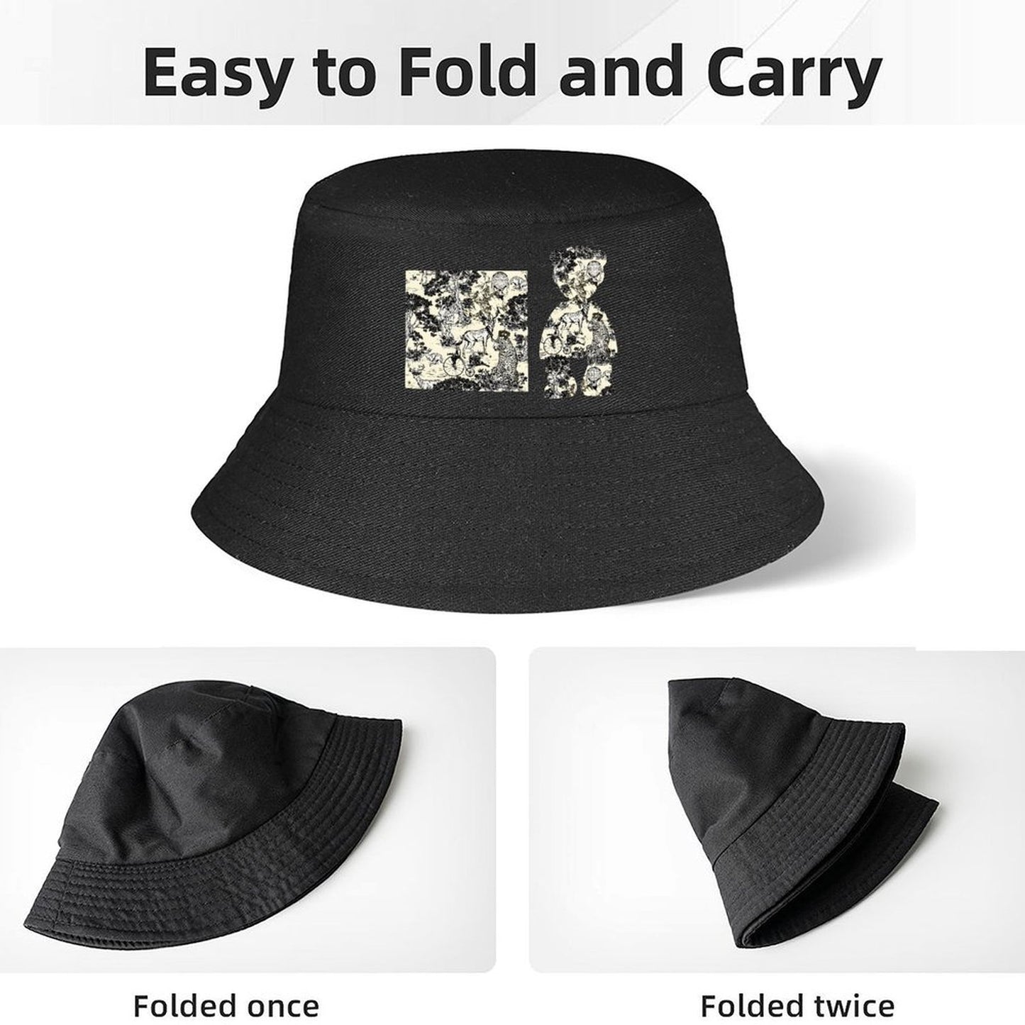 Black Bucket Hat with Print Detail