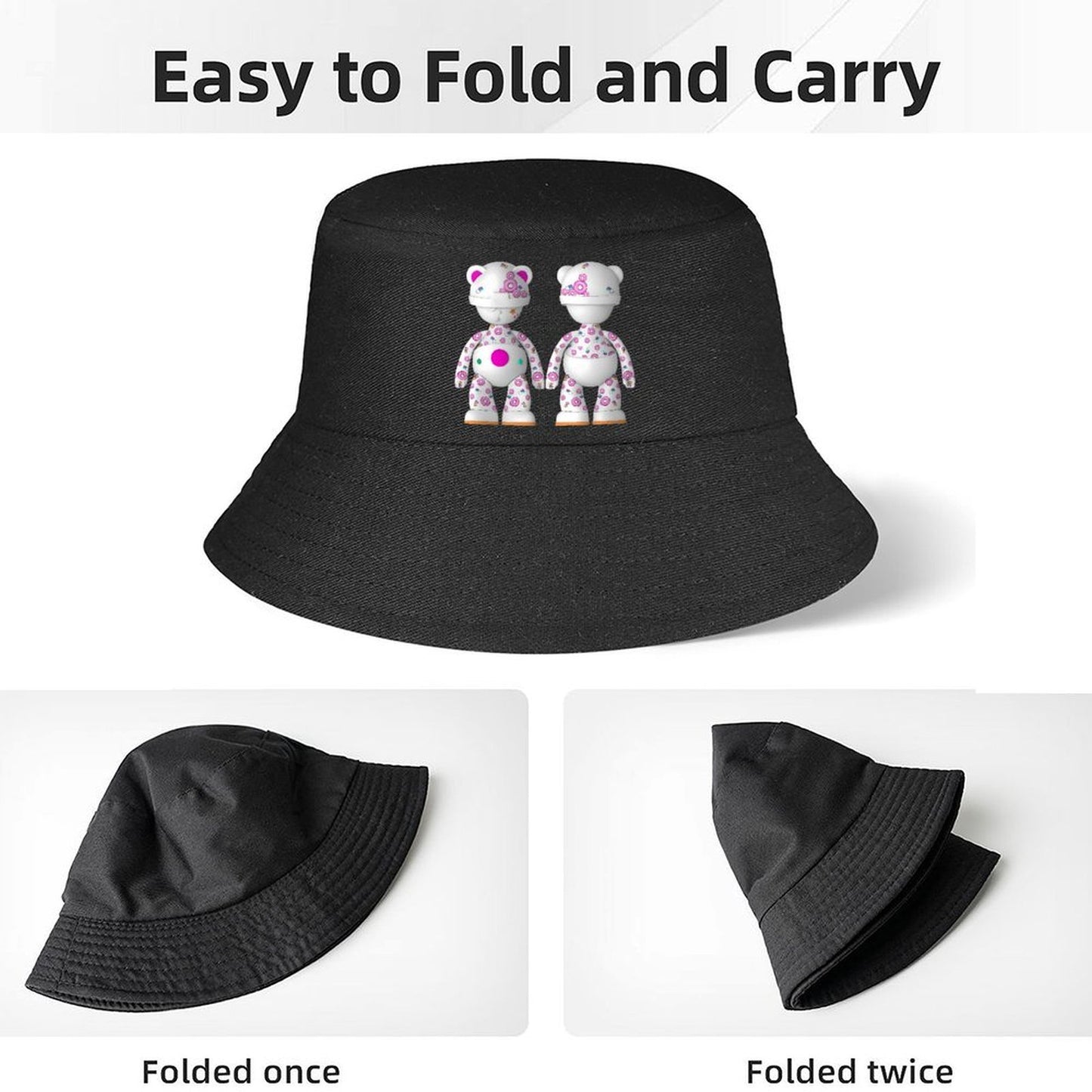 Smooth Texture Black Bucket Hat with Modern Graphic