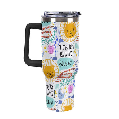 Travel Mug with Handle White Colorful Sun Moon Stars and Time to Be Wild Print for Outdoor Adventures