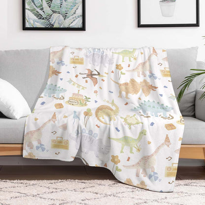 Dinosaur Print Blanket White with Multicolor Dinosaurs and Moon Pattern for Cozy Bedding