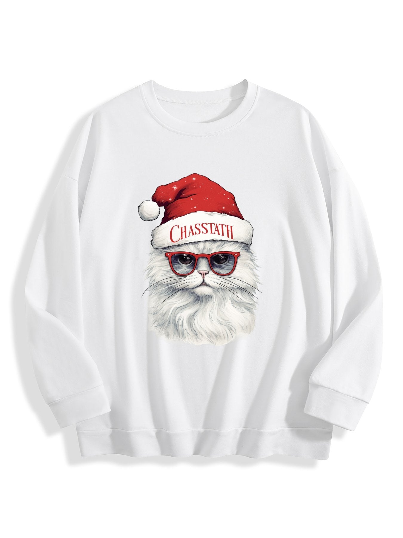 Customizable Christmas-themed long-sleeved shirt, paired with cat-themed glasses.
