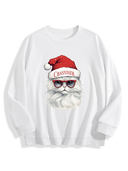 Customizable Christmas-themed long-sleeved shirt, paired with cat-themed glasses.