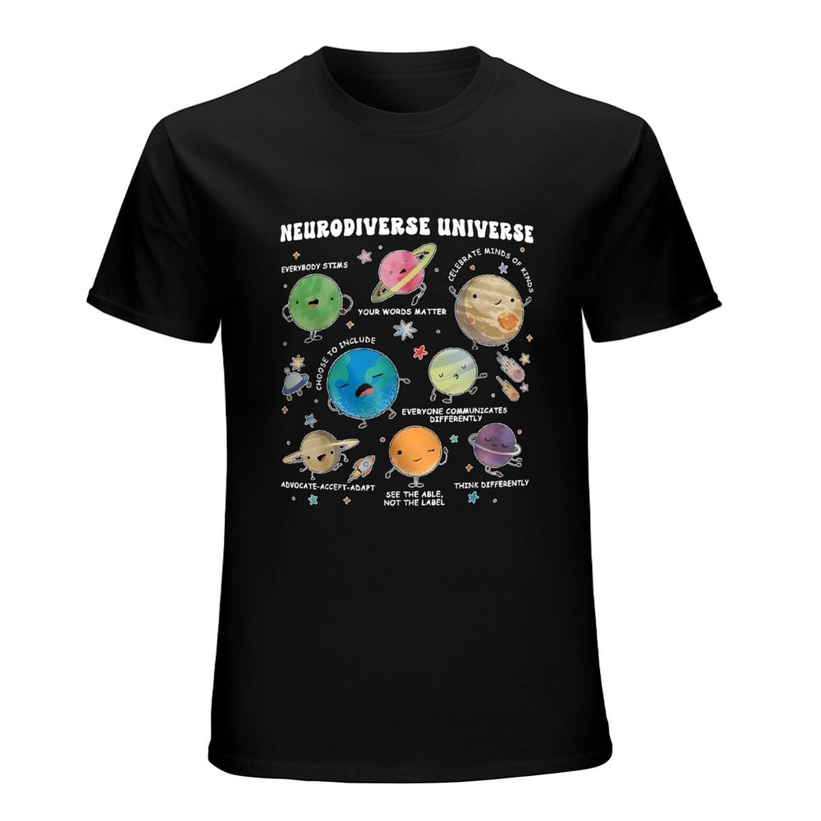 Inkmay Casual  Cotton T-shirt Neurodiverse Universe Planets With Friendly Faces Unisex T-shirtMinimal ComfortLine T-Shirt